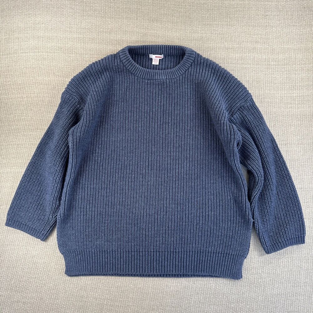 VTG Bongo Chunky Knit Sweater 90s Y2k Cotton Denim Blue Large Split Hem